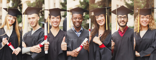 Diverse Graduates Students In Academic Dress Posing Outdoors, Portraits Collage