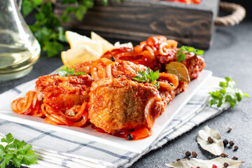 Fried fish topped with 3 flavors (sweet, sour, spicy) chili sauce.