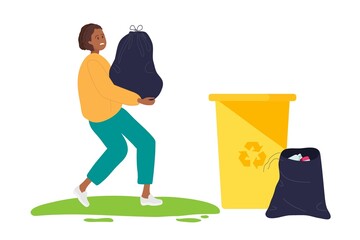Young African American woman carrying heavy black trash bag to garbage tank. Nearby bags full of waste. Black trash bag, yellow trash container. Waste management. Colored cartoon vector illustration