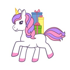 Cute unicorn with gifts on his back. Vector illustration isolated on white background