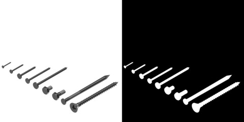 3D rendering illustration of an iron nail and some screws
