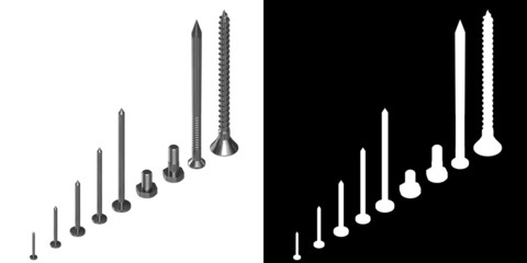 3D rendering illustration of an iron nail and some screws
