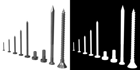 3D rendering illustration of an iron nail and some screws

