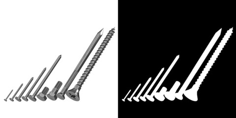 3D rendering illustration of an iron nail and some screws
