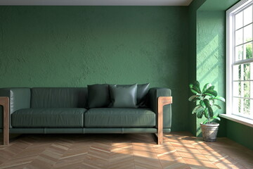 Green living room with sofa. 3D illustration
