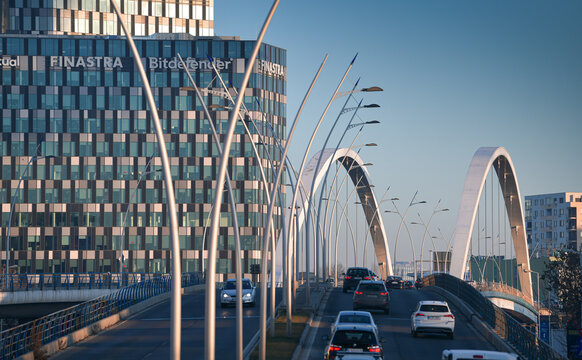 Morning traffic during the rush hour in Bucharest photographed on Basarab Bridge. Romania, 2022.