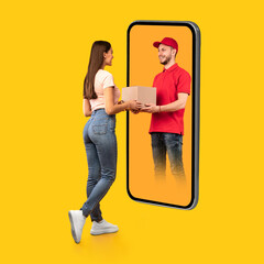Courier On Cellphone Screen Giving Box To Woman, Yellow Background