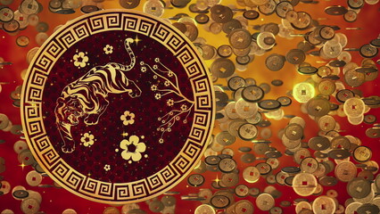 2022 Chinese New Year of the Tiger on the background of Chinese coins, Spring Festival, wish for wealth. Animated seamless loop copy space.