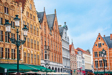 BRUGES, BELGIUM - April 13, 2018: Antique building view in Old Town Bruges, Belgium