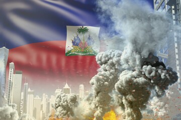 big smoke pillar with fire in the modern city - concept of industrial accident or terroristic act on Haiti flag background, industrial 3D illustration