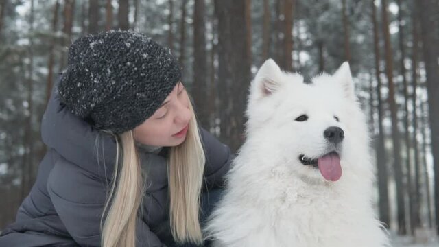 White Samoyed, fluffy dog and happy girl hugging, petting and cuddlng in a winter forest park, snowy day woods, cold, gloomy north weather. Pet and woman enjoying outside, animal companion friend.