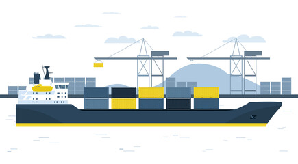 Container ship against the background of a container terminal. Vector illustration. © lyudinka