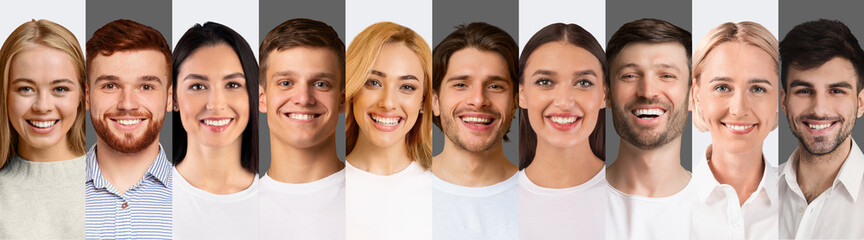 Smiling multiracial young men and women on white and grey
