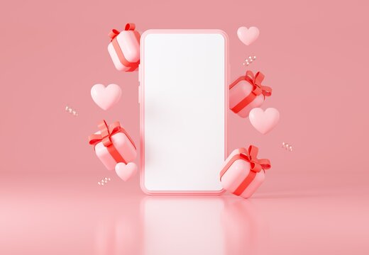 Smartphone with Gift boxes and hearts. Empty screen for your image or text. Valentine's Day background. 3d rendering illustration. 
