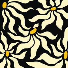 ABSTRACT PATTERN DAISY FLOWERS ON BLACK BACKGROUNG. DAISY ABSTRACT WALLPAPER
