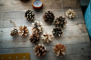 cones for decor, larch and pine cones bleached with chlorine bleach on a wooden table, materials for creativity