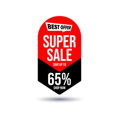 super sale, up to 65% off, limited time offer, special discount, shop now, elements icon, label designs
