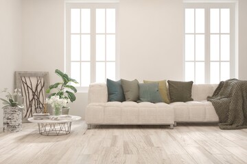 White living room with sofa. Scandinavian interior design. 3D illustration