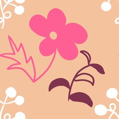 Seamless pattern of white, pink and brown floral flat elements on a light yellow background for textile.