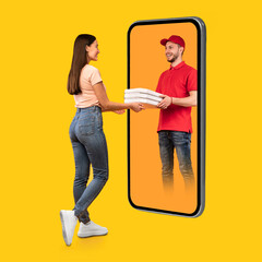 Courier On Phone Screen Giving Pizza To Lady, Yellow Background