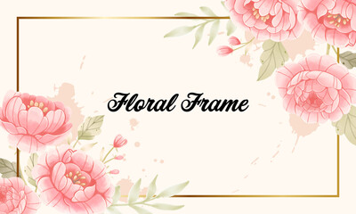 Pink floral frame in watercolor style. Flower template background