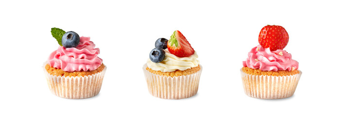 Collection of isolated cupcakes with berries