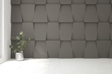 Black empty room with decorated wall. Scandinavian interior design. 3D illustration