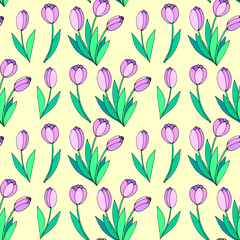 Vector seamless pattern with pink tulip flowers. Hand drawn spring texture, background. For wrapping paper, textile, greeting card, wedding, birthday, mother's or women's or Valentine's Day