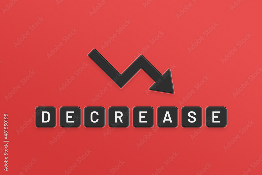 Poster Decrease sign text with arrow down on red background.