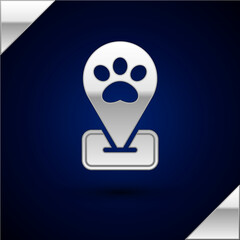 Silver Location pet grooming icon isolated on dark blue background. Pet hair salon. Barber shop for dogs and cats. Vector