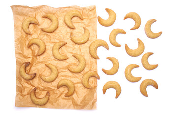 Traditional German or Austrian Vanillekipferl vanilla kipferl cookies isolated on white background