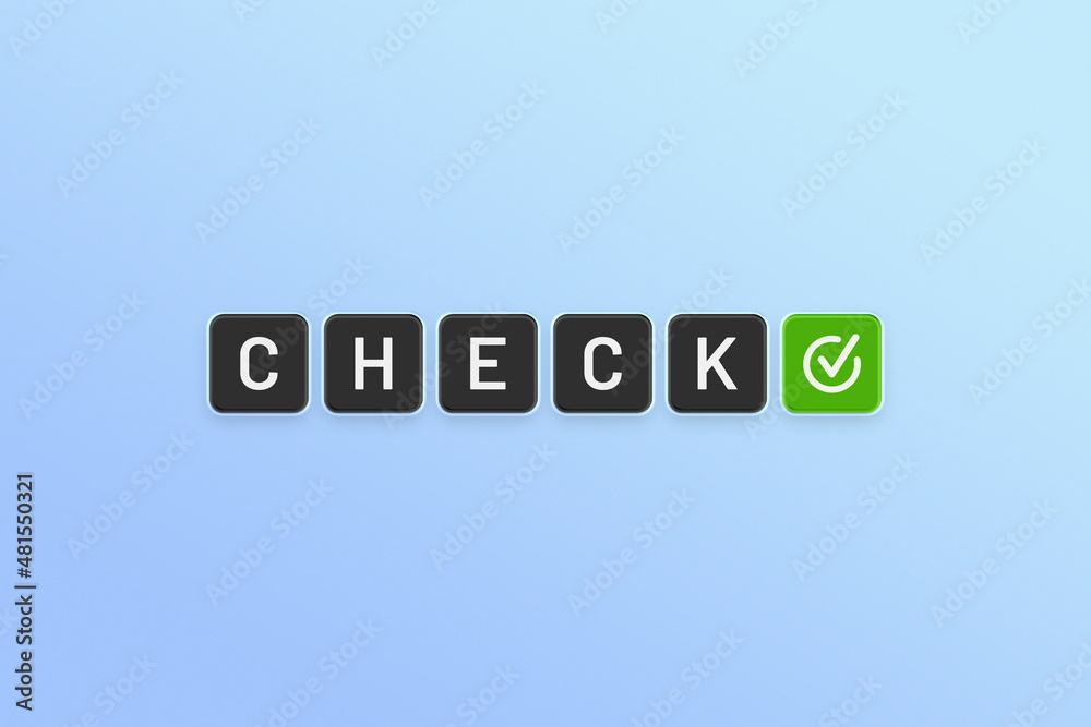 Poster check word with checkmark icon on blue background.
