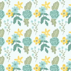 Fotobehang seamless pattern with blue and yellow spring flowers © Mutiah