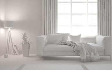 Mock up of minimalist living room in white color with sofa. Scandinavian interior design. 3D illustration