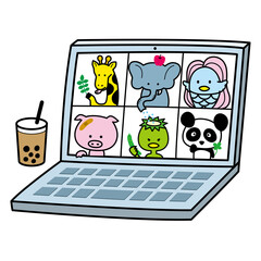 動物たちのオンライン会議、ノートパソコンとタピオカのベクターイラスト