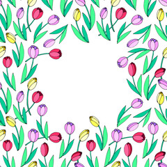 Vector frame of scattered red, pink, yellow, bright tulips. Spring flowers. Hand drawn border, decoration for greeting card, Valentine's, Women's or Mother day
