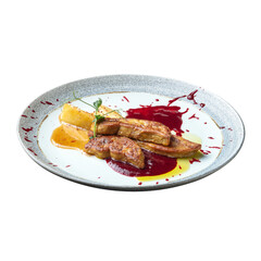 Isolated gourmet dish foie gras with apples and berry sauce