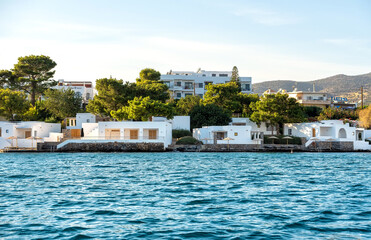Fototapeta na wymiar Luxury bungalows located waterfront. Elounda, Crete, Greece.