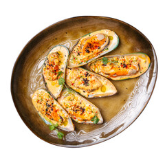 Isolated portion of stuffed mussels appetizer on white background