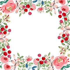 Watercolor frame of flower blossom, hand drawn illustration, invitation design 