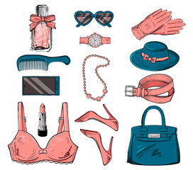 Set of woman accessories, color vector illustration