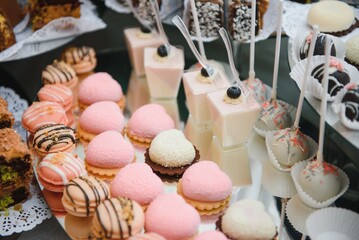 various dessert with fresh fruit on buffet line, sweet