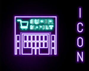 Glowing neon line Supermarket building with shopping cart icon isolated on black background. Shop or store. Mall building. Colorful outline concept. Vector