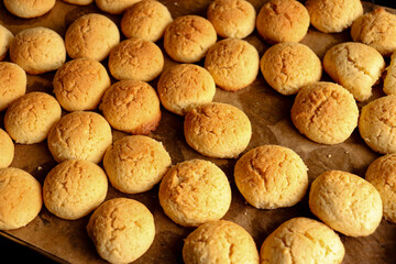 round cookies in the oven tray, baked goods ready for garnish, sweet moments, pastry, baked product