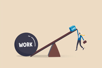 Overworked, exhaustion or burnout, unhealthy work life balance problem, too many work causing fatigue, anxiety or stress concept, frustrated businessman on small life compare to heavy work burden.