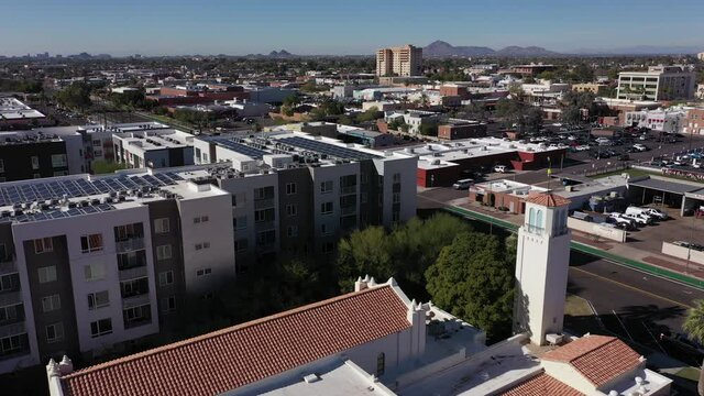Daytime aerial skyline view of downtown Mesa, Arizona, USA.