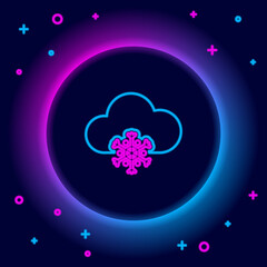 Glowing neon line Cloud with snow icon isolated on black background. Cloud with snowflakes. Single weather icon. Snowing sign. Colorful outline concept. Vector