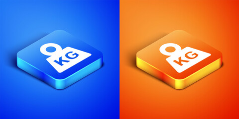 Isometric Weight icon isolated on blue and orange background. Kilogram weight block for weight lifting and scale. Mass symbol. Square button. Vector