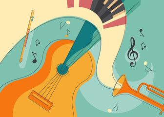 Banner with different musical instruments. Placard design in linear flat style. © KurArt