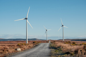 Small narrow road between fields with wing generator turbine. Warm sunny day, blue cloudy sky....